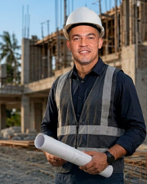 Ingeniero de la dirección técnica de Constructora Román en obra, con casco y planos